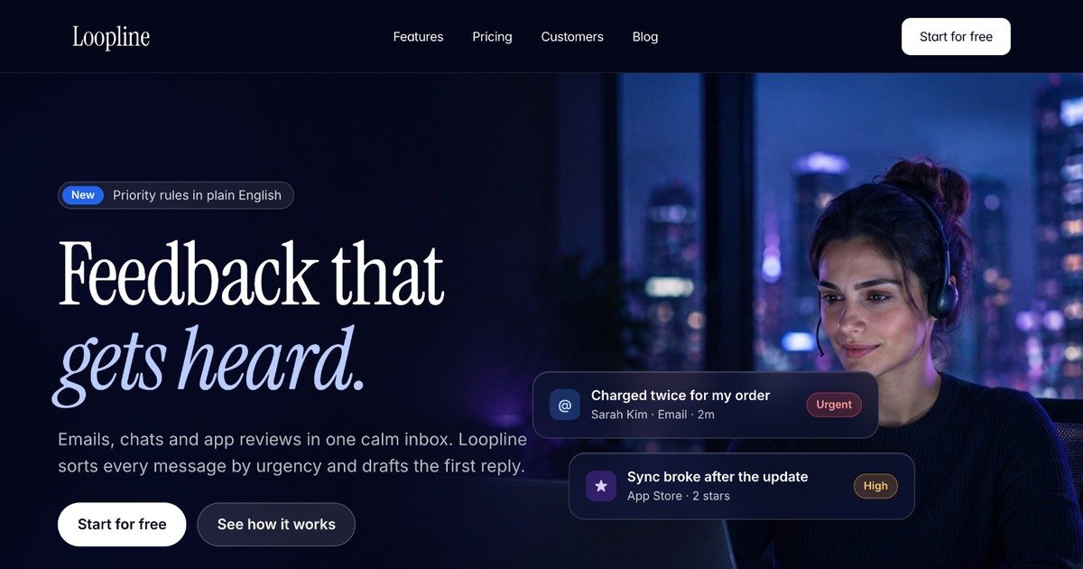 Loopline template — home page hero with a photo and glass UI cards